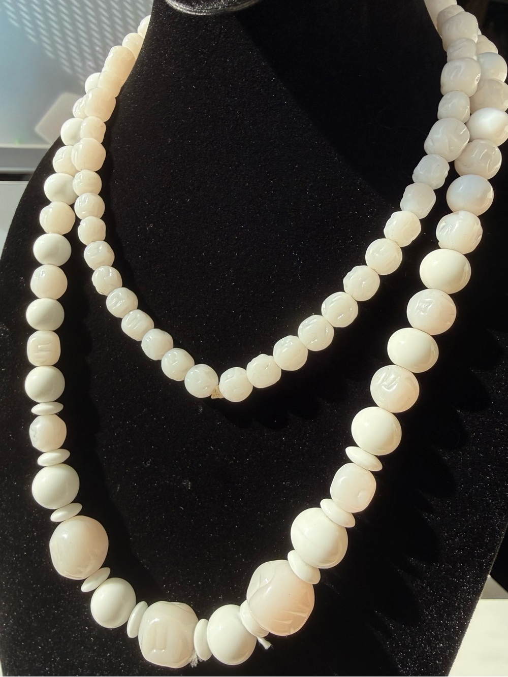 Vintage 34” White Translucent Carved Bead Necklace Graduated Stone 68g